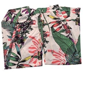 Beach Break Tropical Floral Wide Leg Pants Pink Green Palm Print Drawstring